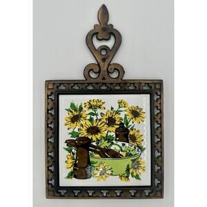Vintage Cast Iron Trivet Ceramic Sunflower Tile 70’s MCM